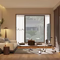 Modern Minimalist Living Dining Room With Sofa Coffee Table TV Large Window And Wooden Floor