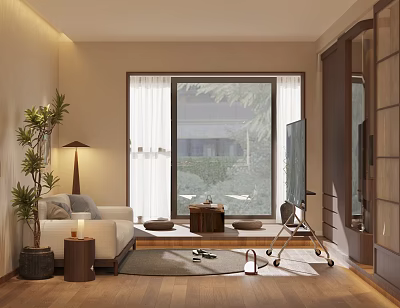 Modern Minimalist Living Dining Room With Sofa Coffee Table TV Large Window And Wooden Floor 3d model