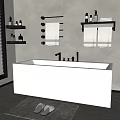 Modern Bathroom Interior With Freestanding White Bathtub Towel Rack Toiletries Rug Slippers