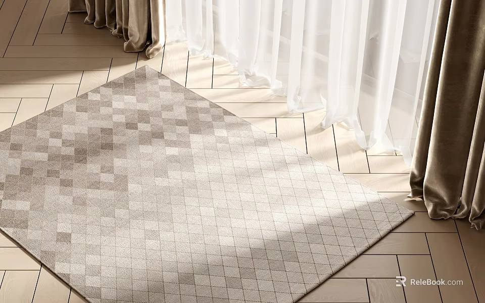 Neutral Toned Square Rug With Geometric Pattern On Wooden Floor In Living Room 3d model 