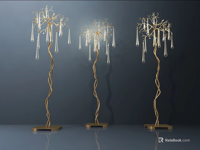 Three Illuminated Floor Lamps With Gold Spiral Poles And Transparent Drop Decorations 3d model 
