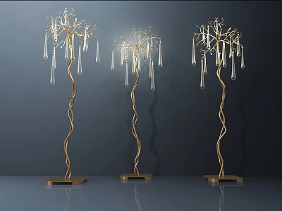 Three Illuminated Floor Lamps With Gold Spiral Poles And Transparent Drop Decorations 3d model