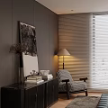 Elegant Decorative Cabinet With Marble Top Books Vase Floor Lamp And Checkered Chair