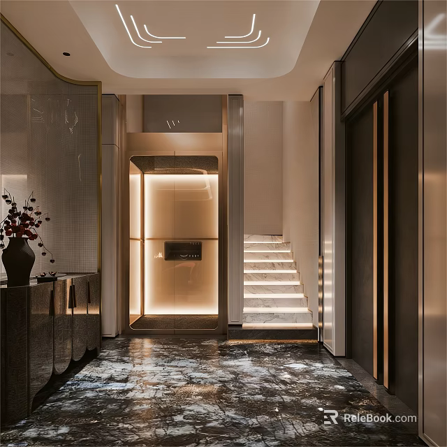 Modern Entryway Hallway With Illuminated Staircase Marble Flooring And Decorative Vase 3d model 