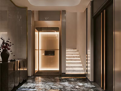 Modern Entryway Hallway With Illuminated Staircase Marble Flooring And Decorative Vase 3d model