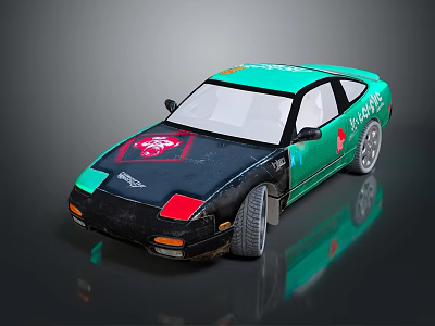 Teal And Black Two Door Coupe With Red Logo And NOS Decal On White Roof 3d model