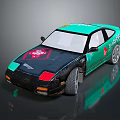 Teal And Black Two Door Coupe With Red Logo And NOS Decal On White Roof