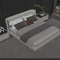 Modern Double Bed with Gray Bedding Nightstands Potted Plant Headphones and Book in Dark Bedroom