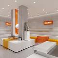 Modern Store Interior With Orange White Gray Decor Display Shelves Seating And Lighting