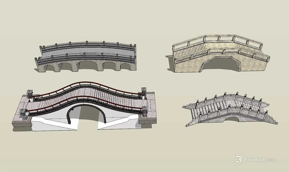 Various Arch Bridge Designs With Stone Railings And Classic Structures 3d model