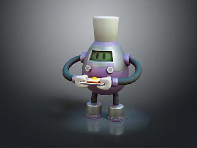 Robot Chef Character Holding Plate With Food In Purple Body And White Hat 3d model