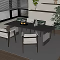 Modern Dining Table With Beige Upholstered Chairs Glass Top And Potted Plant By Window Blinds