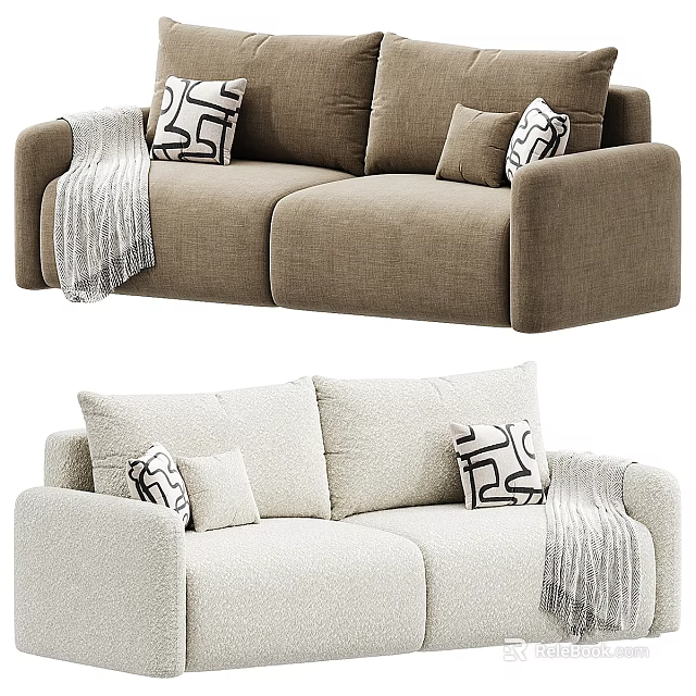 Modern Neutral Sofa Interior With Patterned Pillows And Soft Knit Blanket Decor 3d model