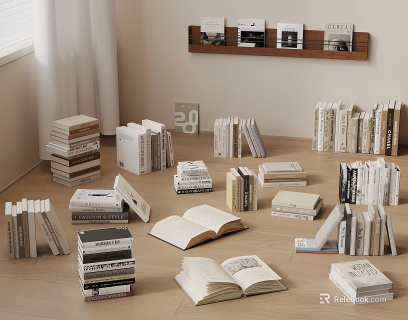 Books and Magazines Display with Stacked Open and Shelved Arrangements on Floor 3d model 