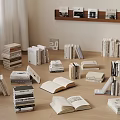 Books and Magazines Display with Stacked Open and Shelved Arrangements on Floor