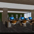 Public Office Space With Open Layout Yellow Chairs Computers And Green Accent Wall 3d model