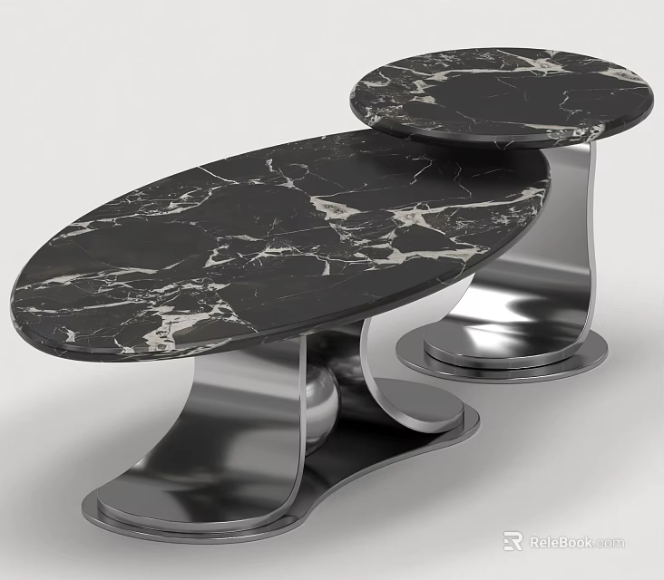 Luxury Black Marble Coffee Table Set With Polished Stainless Steel Base For Modern Living Room 3d model 