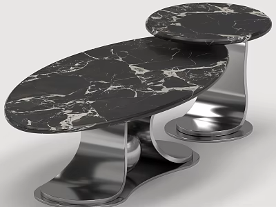 Luxury Black Marble Coffee Table Set With Polished Stainless Steel Base For Modern Living Room 3d model