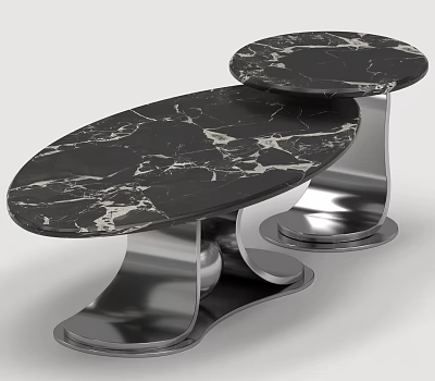 Luxury Black Marble Coffee Table Set With Polished Stainless Steel Base For Modern Living Room 3d model