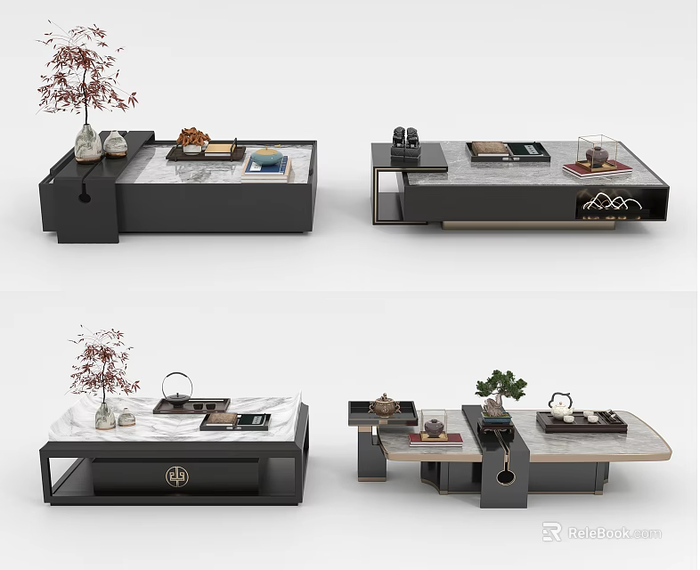 Modern Coffee Table Designs With Marble Tops Black Frames And Decorative Ornaments 3d model