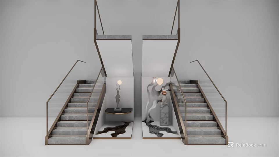 Modern Elegant Staircase Design With Glass Railings Gray Steps And Artwork Decor 3d model 