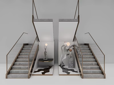 Modern Elegant Staircase Design With Glass Railings Gray Steps And Artwork Decor 3d model