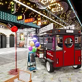 Vibrant Commercial Street With Neon Signs Shops Tables Chairs And Decorative Lights