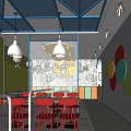 Modern Restaurant Interior With Red Chairs White Tables Wall Slogan And Pendant Lights