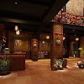 Indian Restaurant With Outdoor Seating Wooden Decor Arched Windows Colorful Tablecloths And Palm Trees