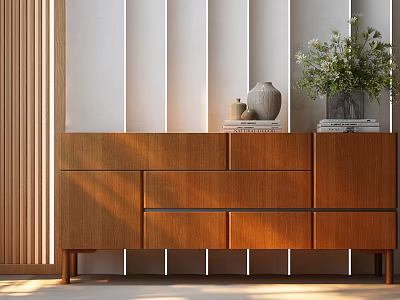 Modern Wooden Entryway Sideboard Cabinet With Vase Books And Potted Plant On Wall Paneling 3d model