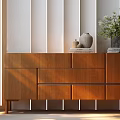 Modern Wooden Entryway Sideboard Cabinet With Vase Books And Potted Plant On Wall Paneling