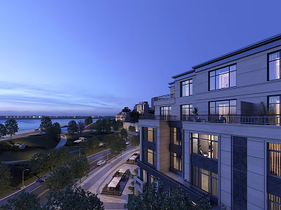 Elegant Waterfront Residential Building With Balconies Windows And Evening Sky View 3d model