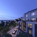 Elegant Waterfront Residential Building With Balconies Windows And Evening Sky View