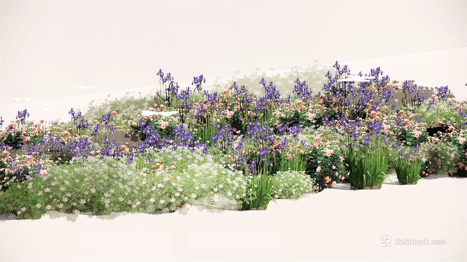 Blooming Lavender Irises and Colorful Daisies in a Beautiful Garden Flower Bed 3d model 