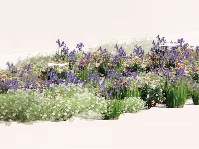 Blooming Lavender Irises and Colorful Daisies in a Beautiful Garden Flower Bed 3d model