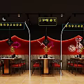 Traditional Chinese Restaurant Interior With Neon Signs Red Walls And Wooden Tables