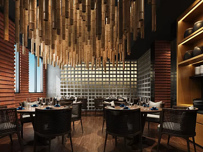 Modern Restaurant Interior With Wooden Chandeliers Brick Walls Dining Tables And Shelves 3d model