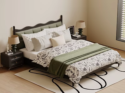 Double Bed With Dark Green Upholstered Headboard White Pillows Cream Cushion Patterned Bedspread Green Throw 3d model