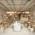Modern Restaurant Interior With Pendant Lights Wooden Tables Menu Screens And White Counter