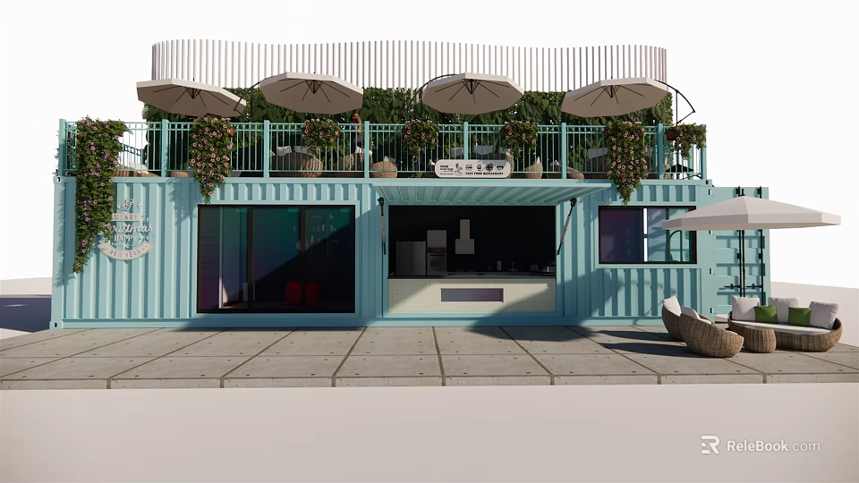 Blue Container Building With Terrace Umbrellas Green Plants And Leisure Area 3d model 