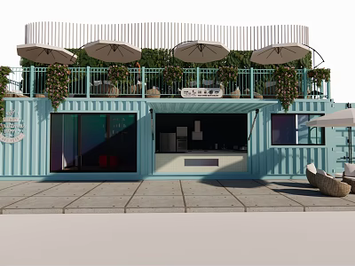 Blue Container Building With Terrace Umbrellas Green Plants And Leisure Area 3d model