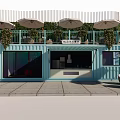 Blue Container Building With Terrace Umbrellas Green Plants And Leisure Area