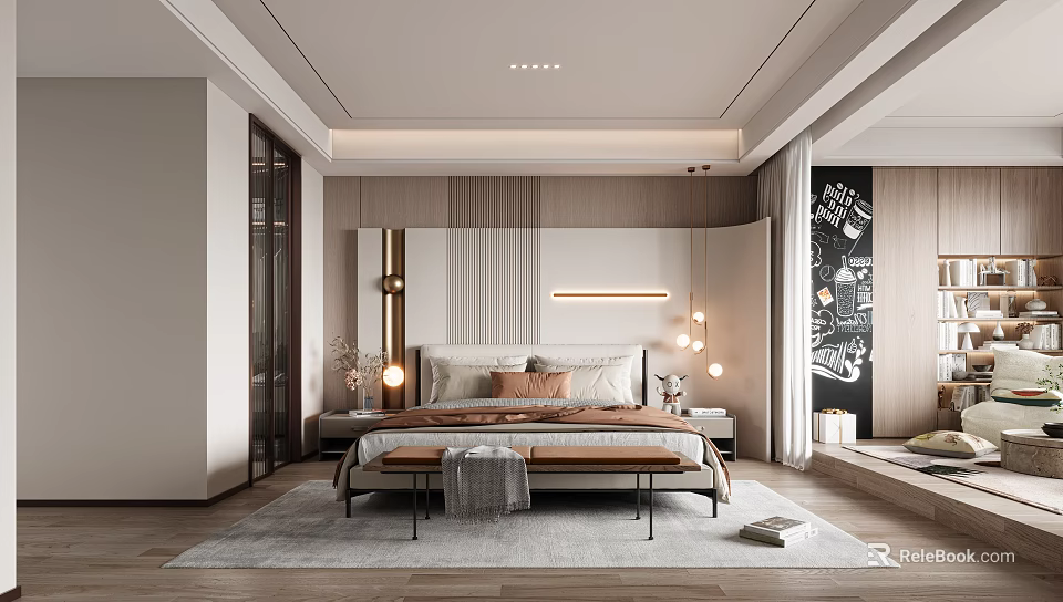 Modern Bedroom Interior Design With Comfortable Bed Wooden Nightstands Area Rug And Pendant Lighting 3d model 