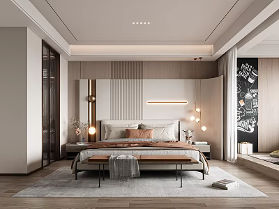 Modern Bedroom Interior Design With Comfortable Bed Wooden Nightstands Area Rug And Pendant Lighting 3d model