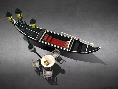 Traditional Wooden Gondola Featuring Red Seats Alongside Street Lamp and Outdoor Table Chairs 3d model
