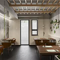 Modern Restaurant Interior Featuring Open Kitchen Wooden Cabinets And Green Plants Decor