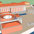 Historic Classical Ancient Architecture With White Colonnade Red Walls And Blue Door