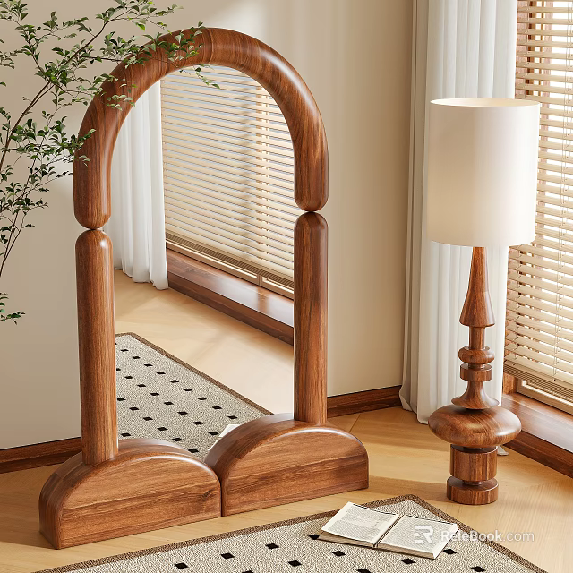 Arched Wooden Mirror in Cozy Room with Blinds Lamp Plant and Rug 3d model 