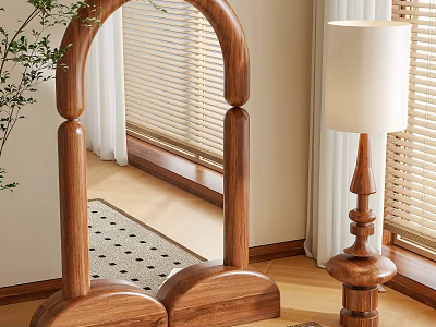 Arched Wooden Mirror in Cozy Room with Blinds Lamp Plant and Rug 3d model
