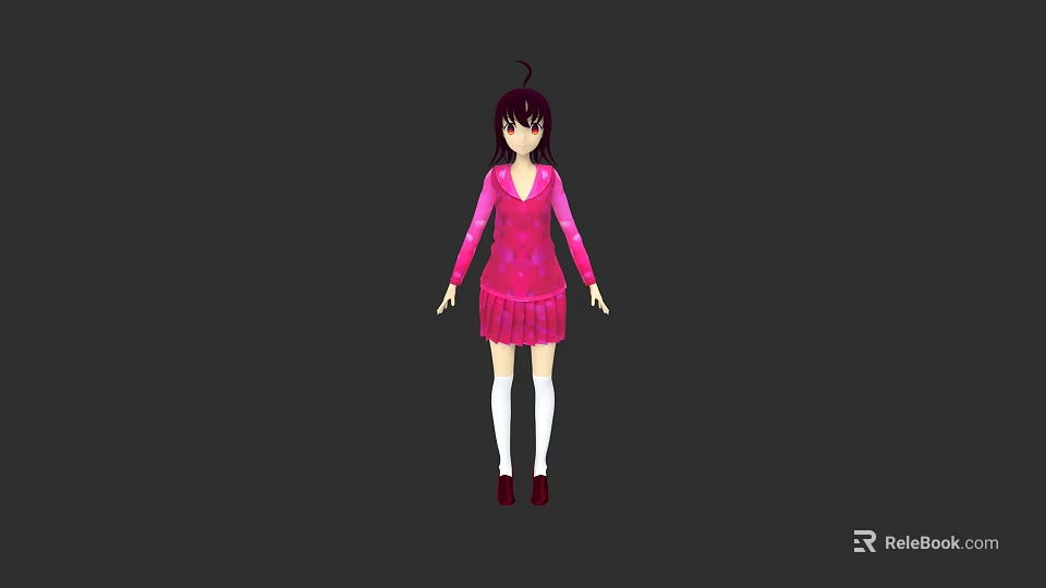 Anime Style Woman Wearing Pink Dress White Stockings and Red Shoes 3d model 